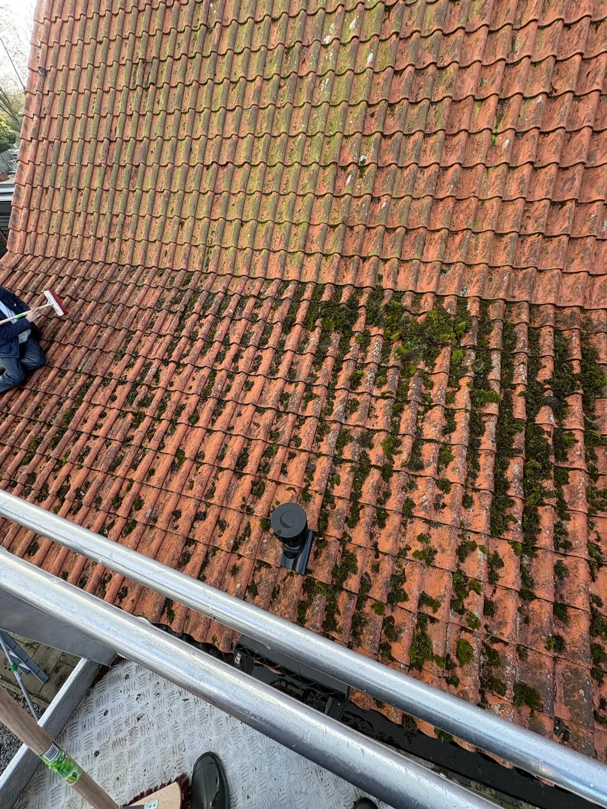 Pannendak met mos, donkere aanslag en vervuiling langs de randen